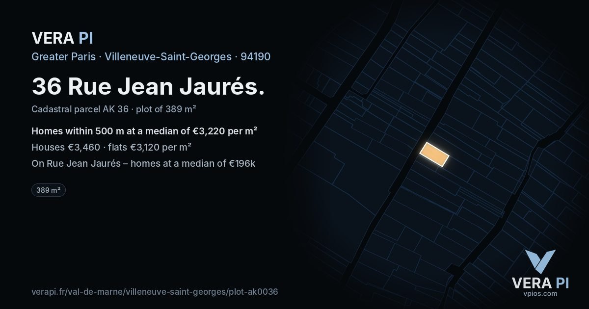 36 Rue Jean Jaurés, Villeneuve-Saint-Georges at night – the plot lit, the parcels around coloured by the prices near them