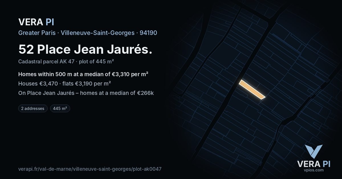 52 Place Jean Jaurés, Villeneuve-Saint-Georges at night – the plot lit, the parcels around coloured by the prices near them