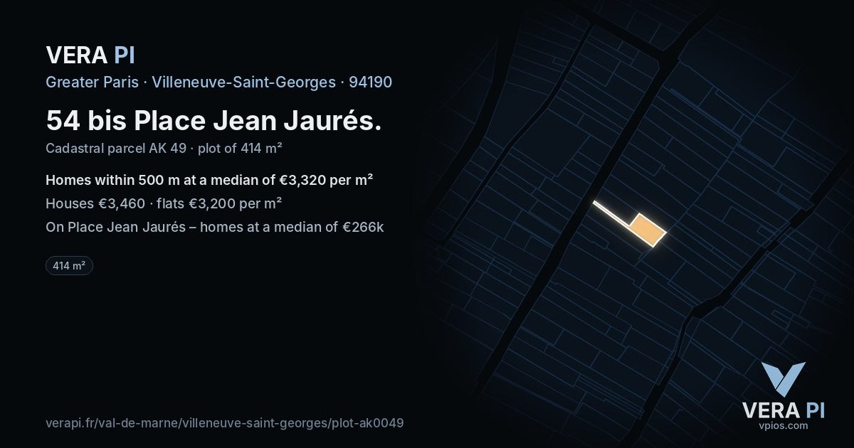 54 bis Place Jean Jaurés, Villeneuve-Saint-Georges at night – the plot lit, the parcels around coloured by the prices near them
