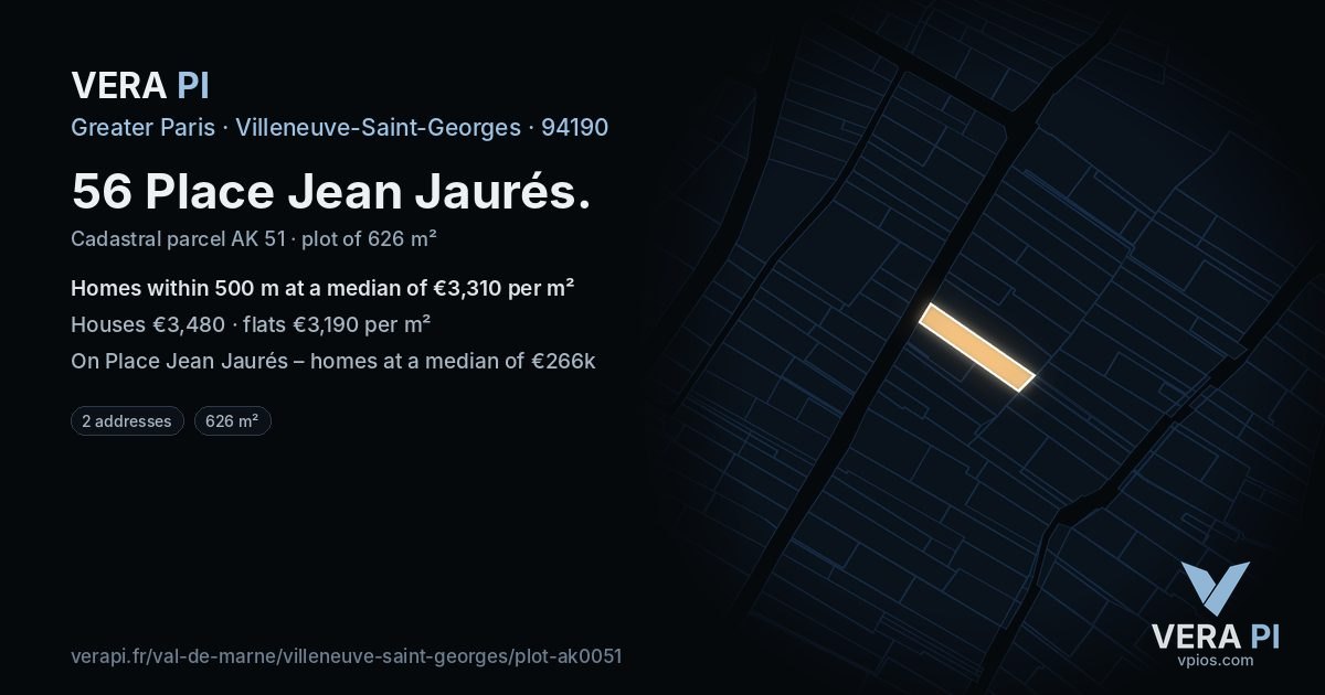 56 Place Jean Jaurés, Villeneuve-Saint-Georges at night – the plot lit, the parcels around coloured by the prices near them