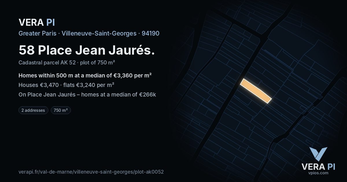 58 Place Jean Jaurés, Villeneuve-Saint-Georges at night – the plot lit, the parcels around coloured by the prices near them
