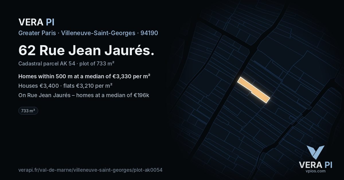 62 Rue Jean Jaurés, Villeneuve-Saint-Georges at night – the plot lit, the parcels around coloured by the prices near them
