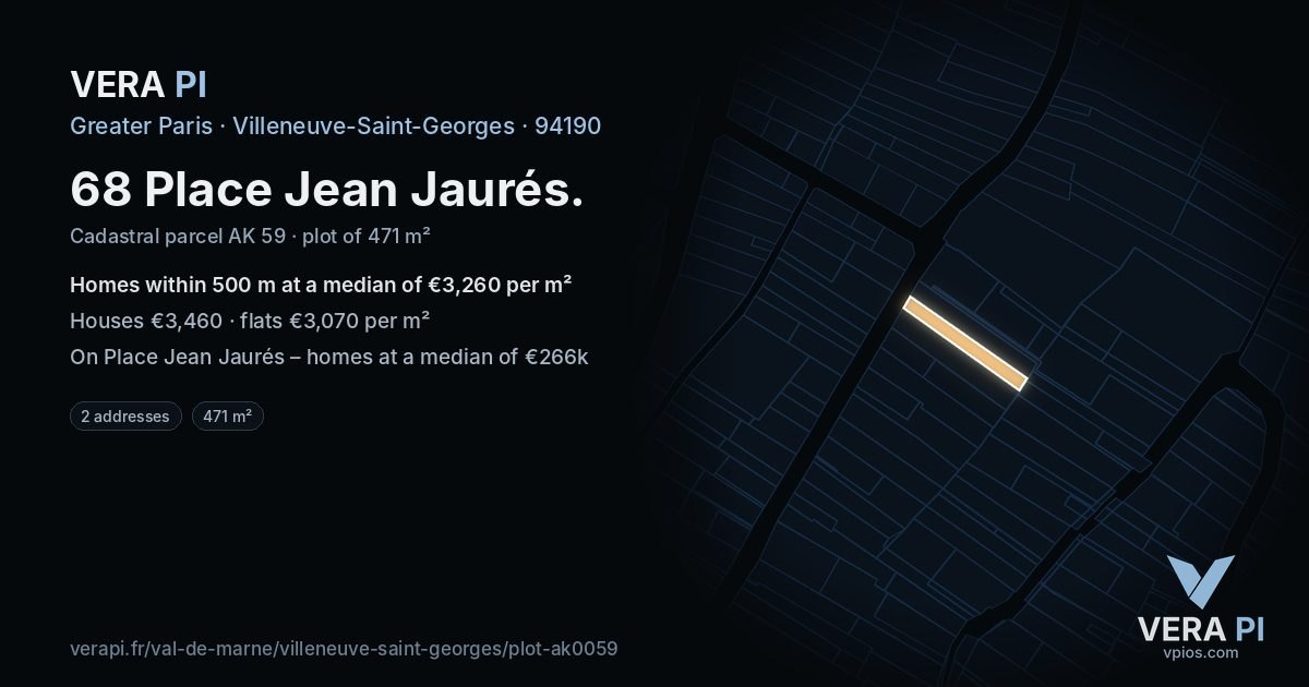68 Place Jean Jaurés, Villeneuve-Saint-Georges at night – the plot lit, the parcels around coloured by the prices near them
