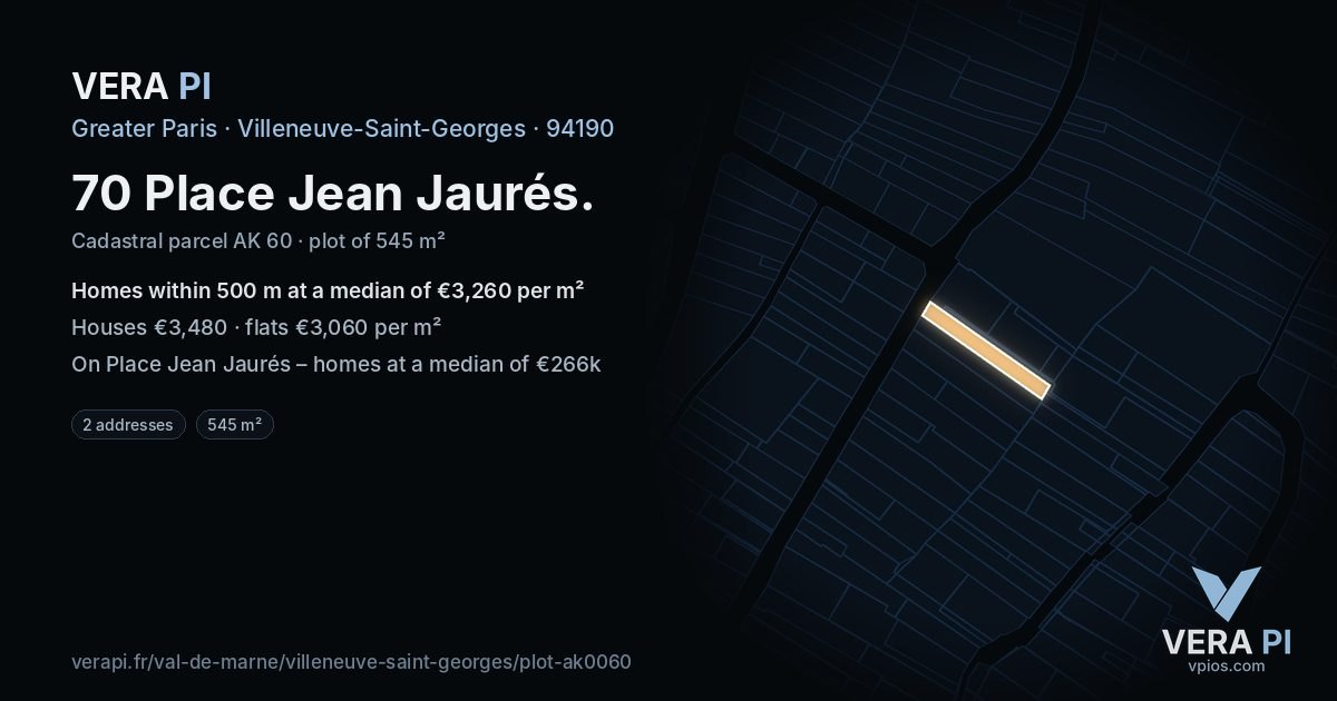 70 Place Jean Jaurés, Villeneuve-Saint-Georges at night – the plot lit, the parcels around coloured by the prices near them