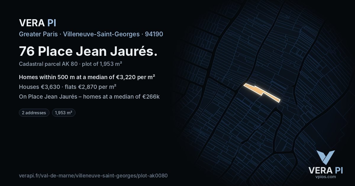 76 Place Jean Jaurés, Villeneuve-Saint-Georges at night – the plot lit, the parcels around coloured by the prices near them