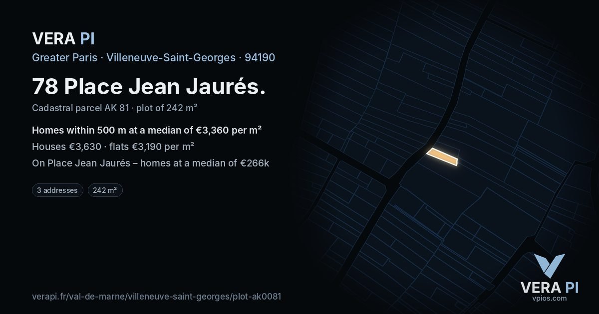 78 Place Jean Jaurés, Villeneuve-Saint-Georges at night – the plot lit, the parcels around coloured by the prices near them