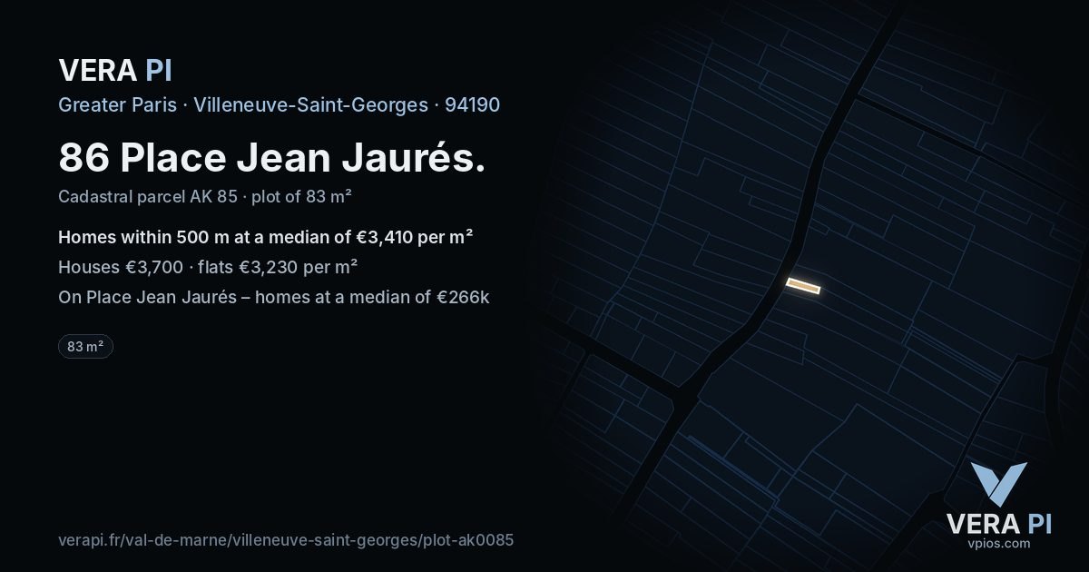 86 Place Jean Jaurés, Villeneuve-Saint-Georges at night – the plot lit, the parcels around coloured by the prices near them