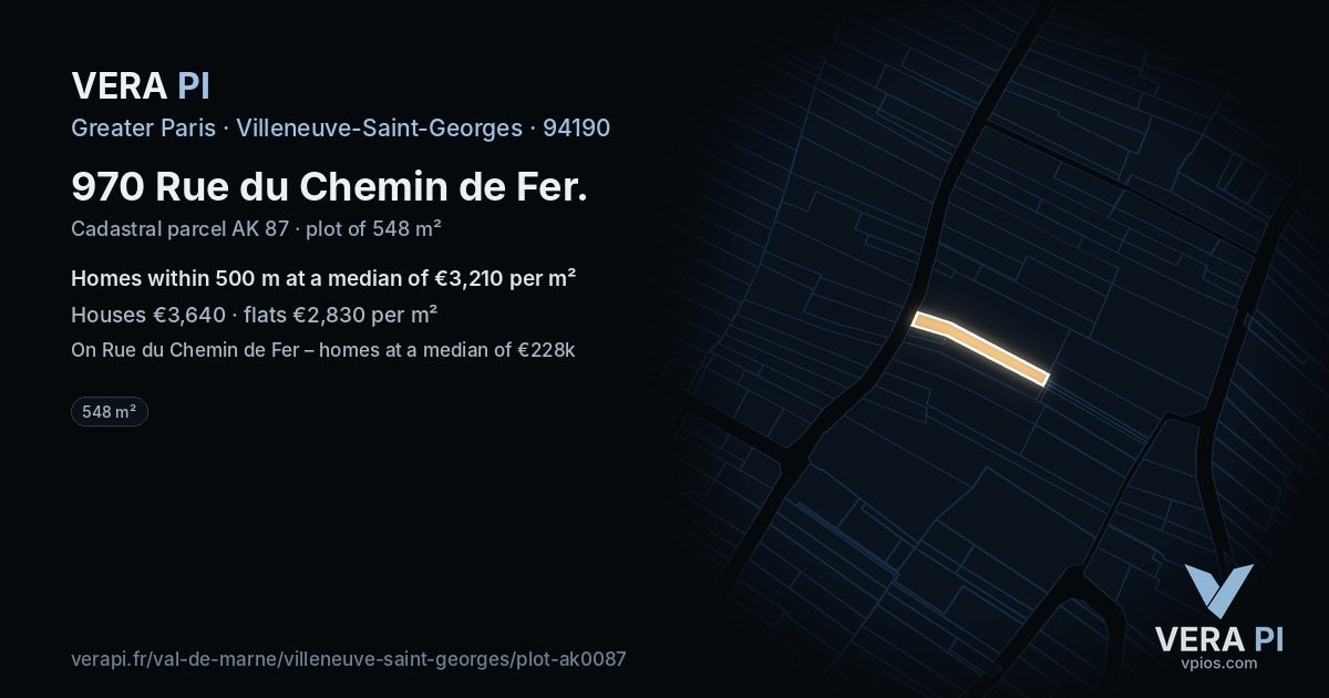 970 Rue du Chemin de Fer, Villeneuve-Saint-Georges at night – the plot lit, the parcels around coloured by the prices near them