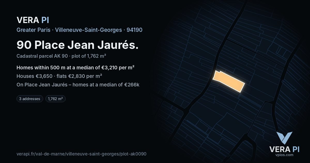 90 Place Jean Jaurés, Villeneuve-Saint-Georges at night – the plot lit, the parcels around coloured by the prices near them