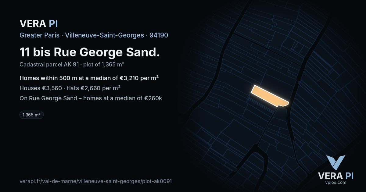 11 bis Rue George Sand, Villeneuve-Saint-Georges at night – the plot lit, the parcels around coloured by the prices near them