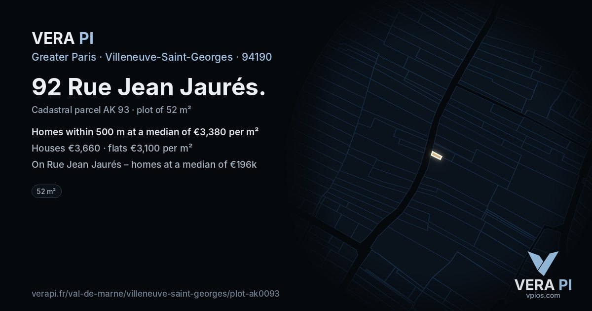 92 Rue Jean Jaurés, Villeneuve-Saint-Georges at night – the plot lit, the parcels around coloured by the prices near them