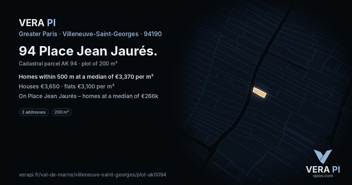 94 Place Jean Jaurés, Villeneuve-Saint-Georges at night – the plot lit, the parcels around coloured by the prices near them