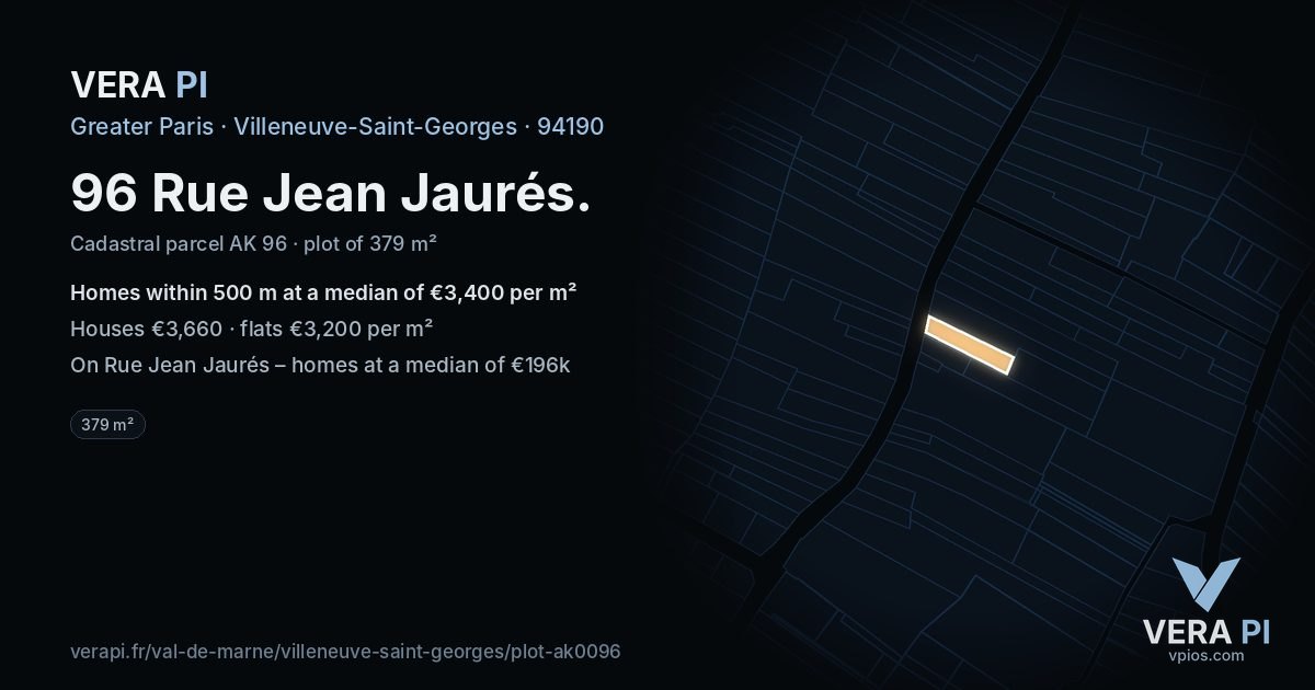 96 Rue Jean Jaurés, Villeneuve-Saint-Georges at night – the plot lit, the parcels around coloured by the prices near them