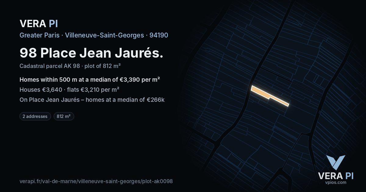 98 Place Jean Jaurés, Villeneuve-Saint-Georges at night – the plot lit, the parcels around coloured by the prices near them
