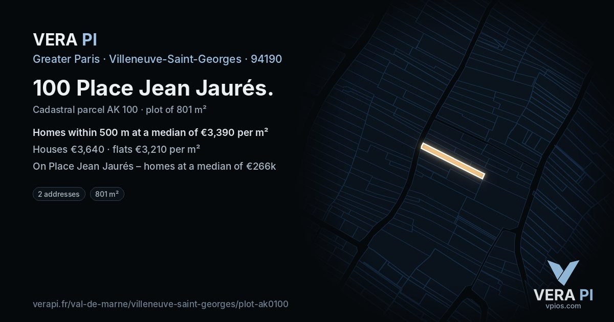 100 Place Jean Jaurés, Villeneuve-Saint-Georges at night – the plot lit, the parcels around coloured by the prices near them