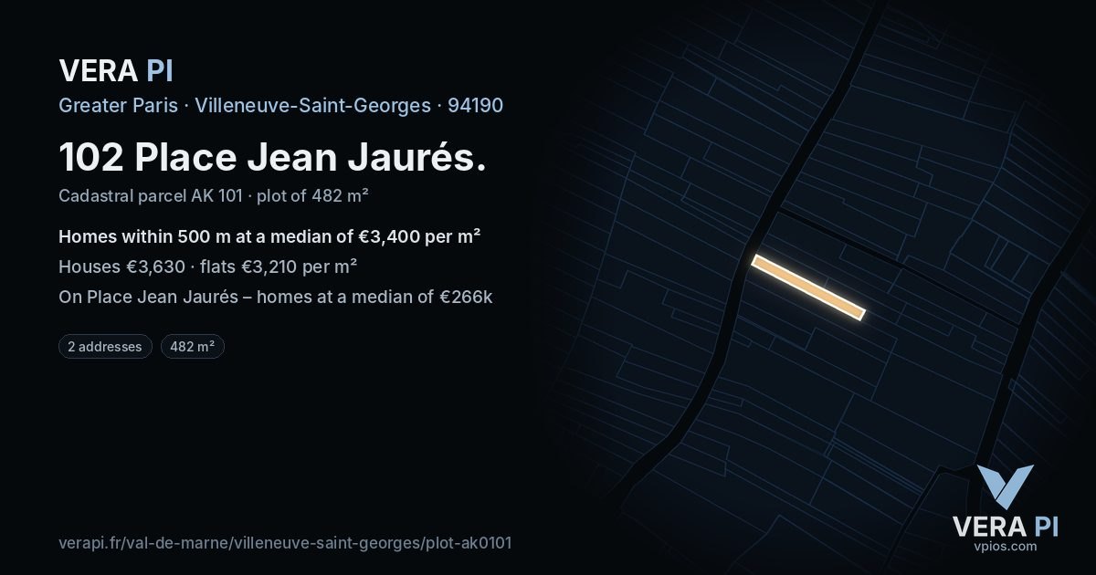 102 Place Jean Jaurés, Villeneuve-Saint-Georges at night – the plot lit, the parcels around coloured by the prices near them