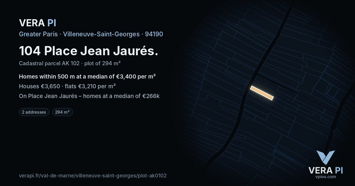 104 Place Jean Jaurés, Villeneuve-Saint-Georges at night – the plot lit, the parcels around coloured by the prices near them