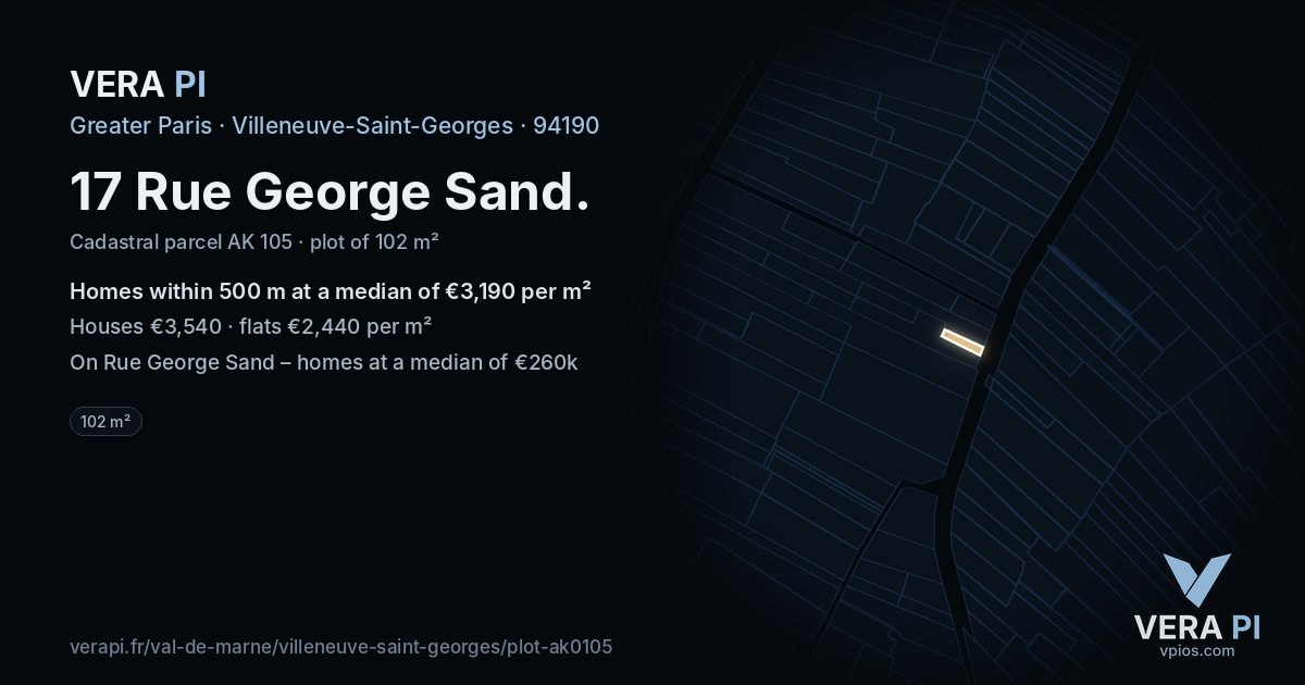 17 Rue George Sand, Villeneuve-Saint-Georges at night – the plot lit, the parcels around coloured by the prices near them