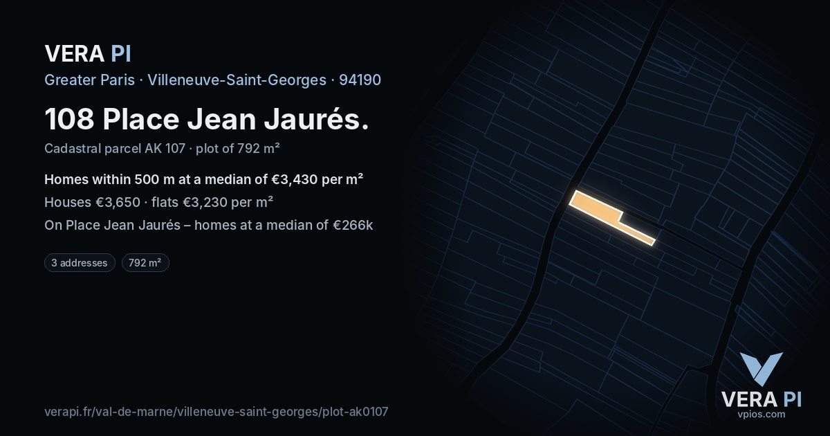 108 Place Jean Jaurés, Villeneuve-Saint-Georges at night – the plot lit, the parcels around coloured by the prices near them