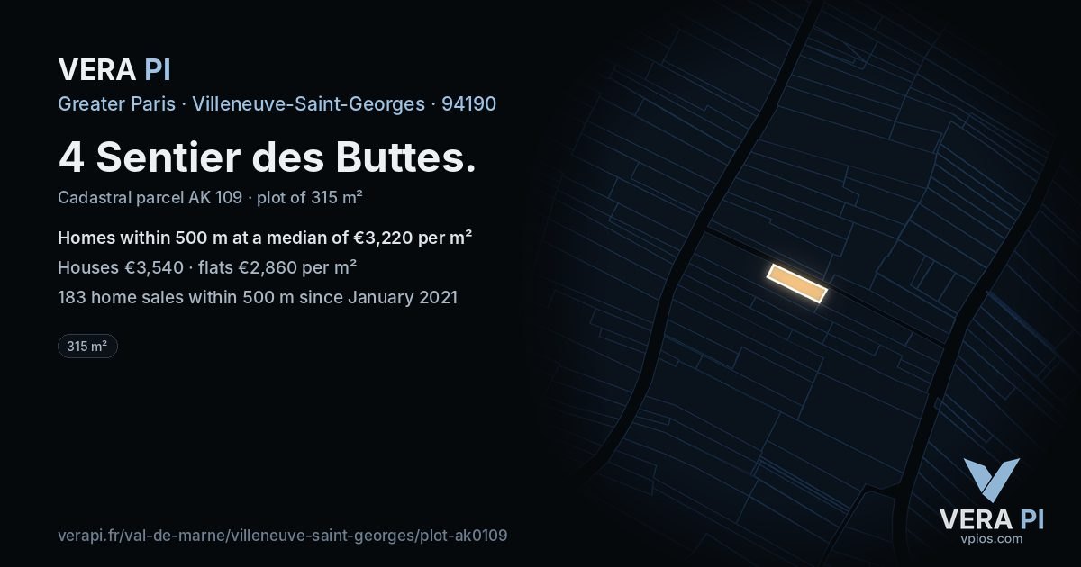 4 Sentier des Buttes, Villeneuve-Saint-Georges at night – the plot lit, the parcels around coloured by the prices near them