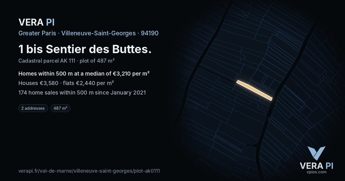 1 bis Sentier des Buttes, Villeneuve-Saint-Georges at night – the plot lit, the parcels around coloured by the prices near them