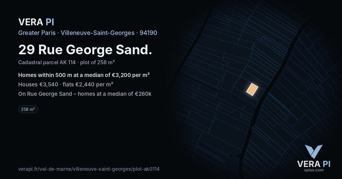 29 Rue George Sand, Villeneuve-Saint-Georges at night – the plot lit, the parcels around coloured by the prices near them