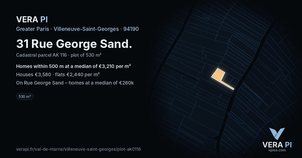 31 Rue George Sand, Villeneuve-Saint-Georges at night – the plot lit, the parcels around coloured by the prices near them