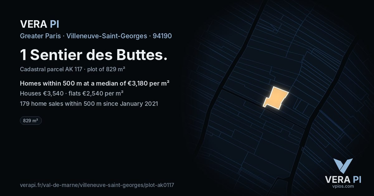 1 Sentier des Buttes, Villeneuve-Saint-Georges at night – the plot lit, the parcels around coloured by the prices near them