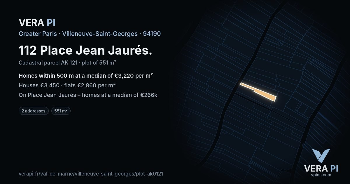 112 Place Jean Jaurés, Villeneuve-Saint-Georges at night – the plot lit, the parcels around coloured by the prices near them