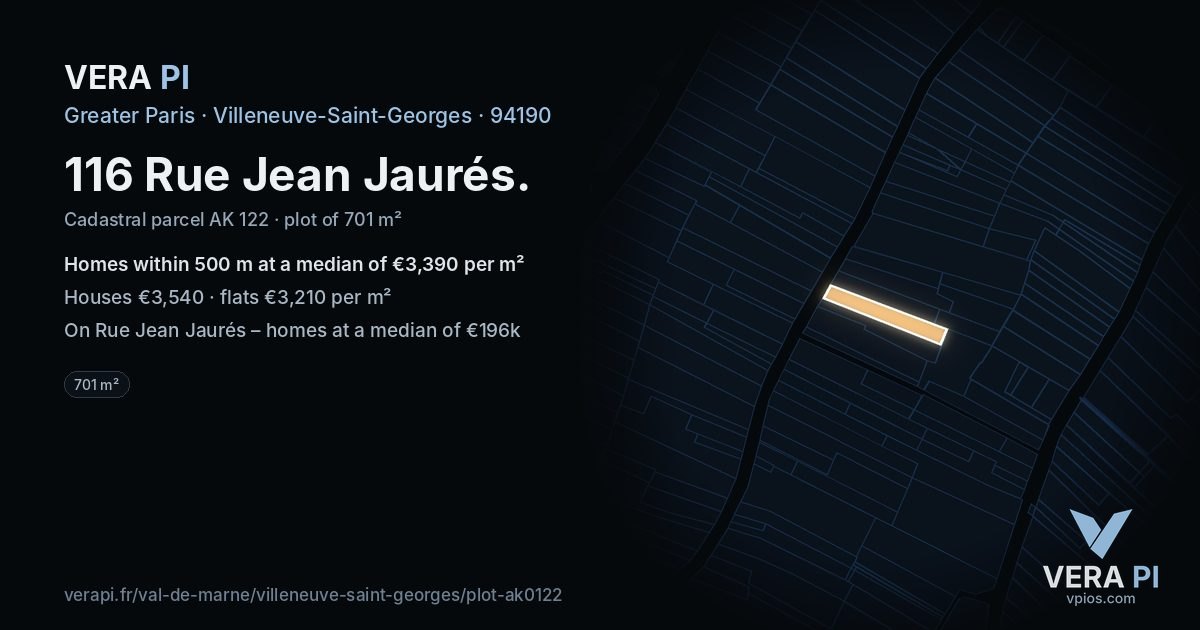 116 Rue Jean Jaurés, Villeneuve-Saint-Georges at night – the plot lit, the parcels around coloured by the prices near them
