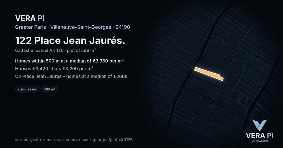 122 Place Jean Jaurés, Villeneuve-Saint-Georges at night – the plot lit, the parcels around coloured by the prices near them