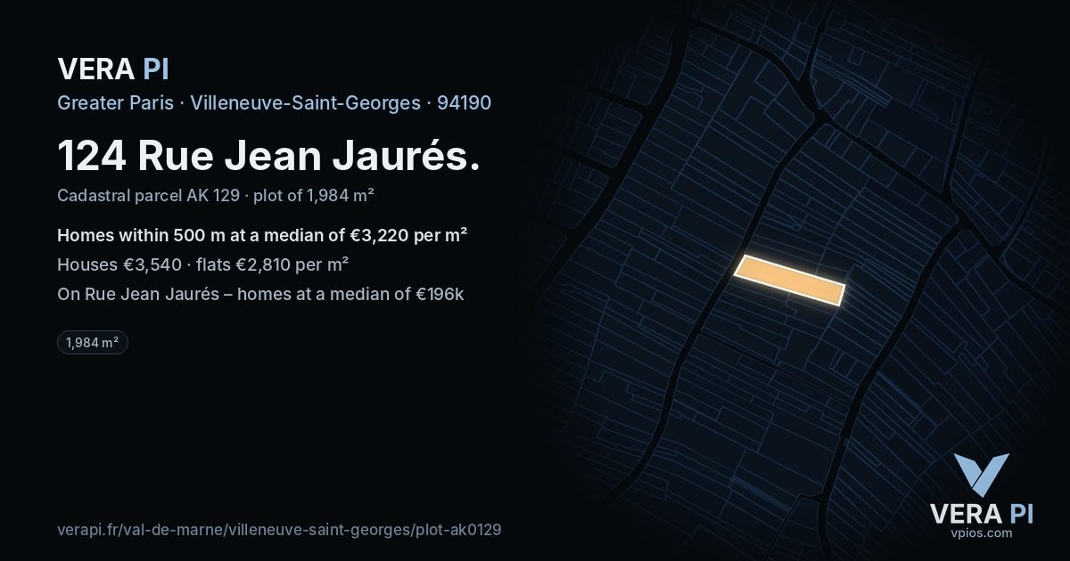 124 Rue Jean Jaurés, Villeneuve-Saint-Georges at night – the plot lit, the parcels around coloured by the prices near them
