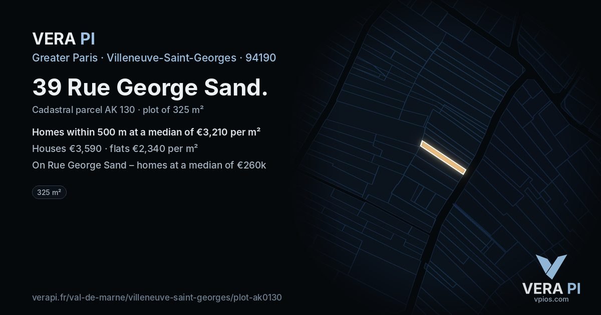 39 Rue George Sand, Villeneuve-Saint-Georges at night – the plot lit, the parcels around coloured by the prices near them