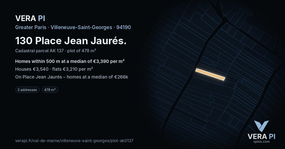 130 Place Jean Jaurés, Villeneuve-Saint-Georges at night – the plot lit, the parcels around coloured by the prices near them