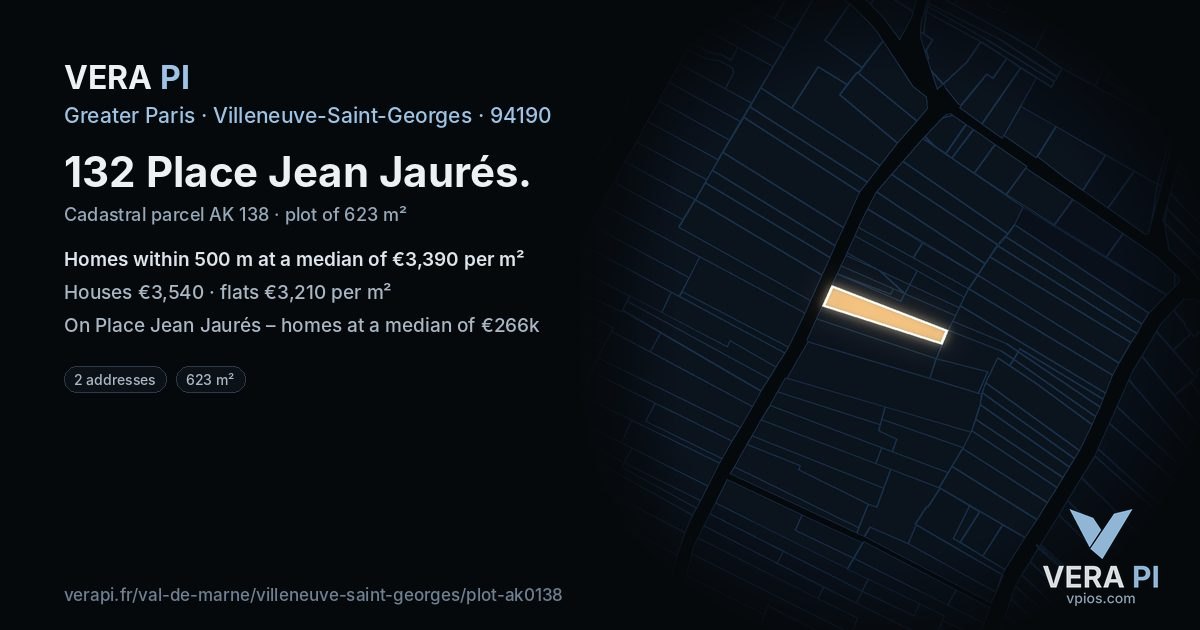 132 Place Jean Jaurés, Villeneuve-Saint-Georges at night – the plot lit, the parcels around coloured by the prices near them