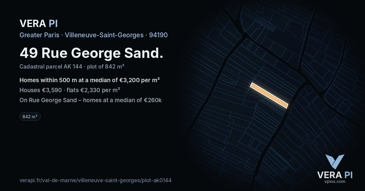 49 Rue George Sand, Villeneuve-Saint-Georges at night – the plot lit, the parcels around coloured by the prices near them