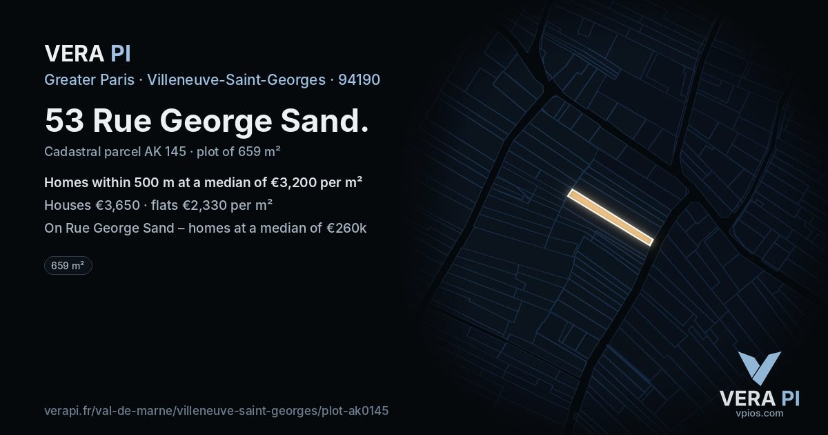 53 Rue George Sand, Villeneuve-Saint-Georges at night – the plot lit, the parcels around coloured by the prices near them