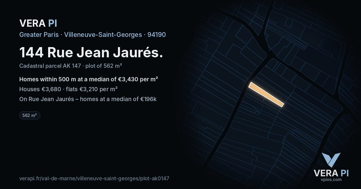 144 Rue Jean Jaurés, Villeneuve-Saint-Georges at night – the plot lit, the parcels around coloured by the prices near them