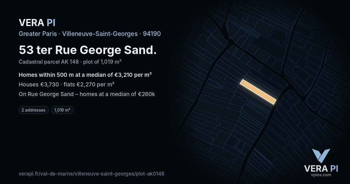 53 ter Rue George Sand, Villeneuve-Saint-Georges at night – the plot lit, the parcels around coloured by the prices near them