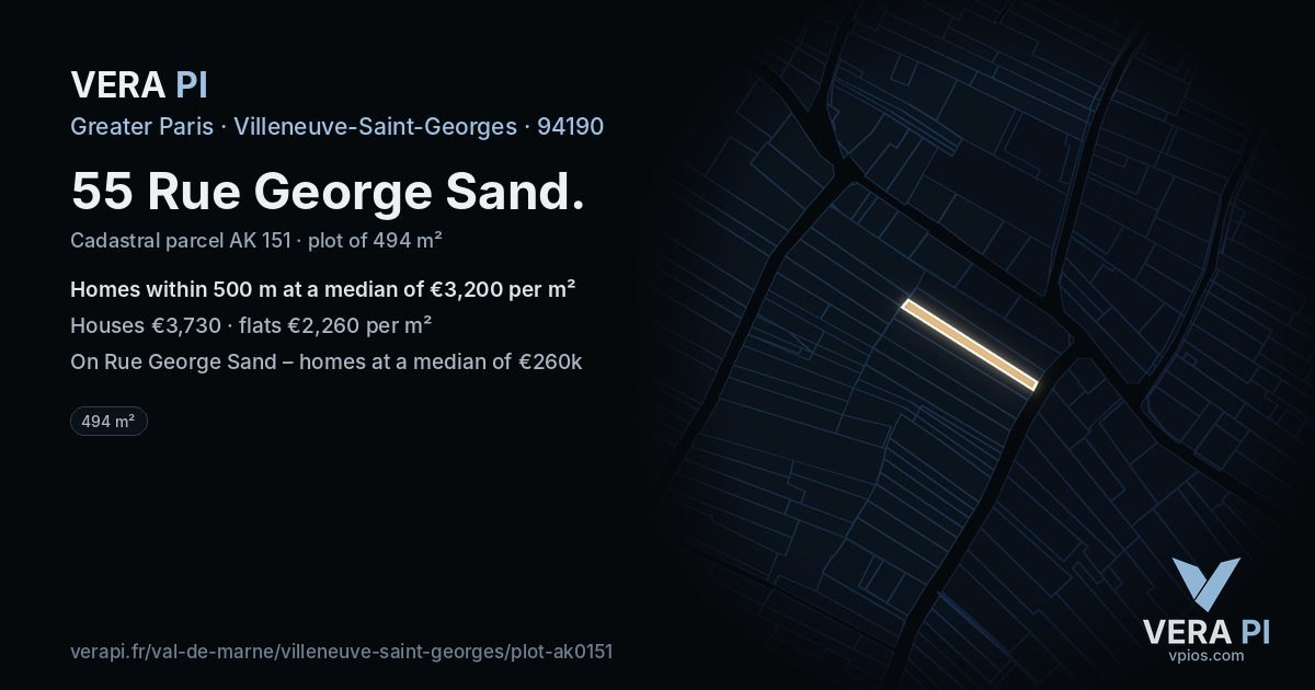 55 Rue George Sand, Villeneuve-Saint-Georges at night – the plot lit, the parcels around coloured by the prices near them