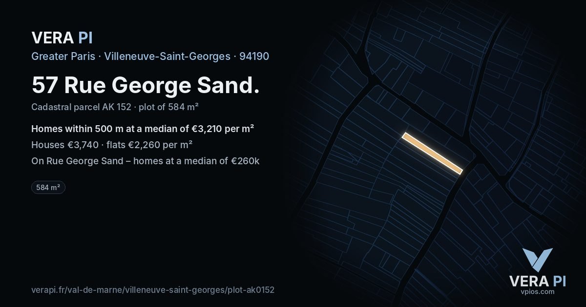 57 Rue George Sand, Villeneuve-Saint-Georges at night – the plot lit, the parcels around coloured by the prices near them
