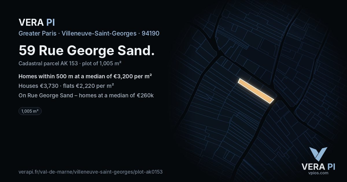 59 Rue George Sand, Villeneuve-Saint-Georges at night – the plot lit, the parcels around coloured by the prices near them
