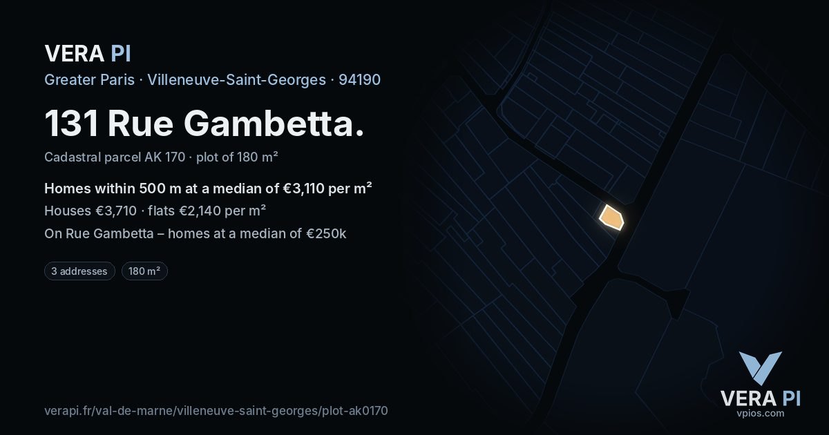 131 Rue Gambetta, Villeneuve-Saint-Georges at night – the plot lit, the parcels around coloured by the prices near them