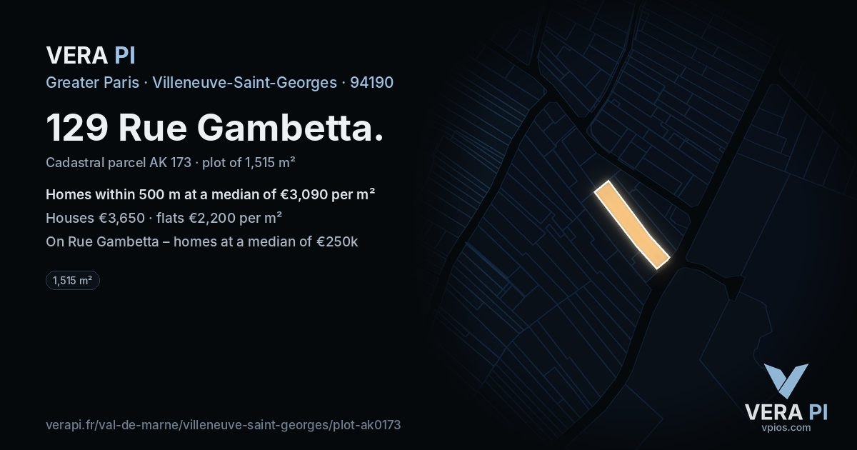 129 Rue Gambetta, Villeneuve-Saint-Georges at night – the plot lit, the parcels around coloured by the prices near them