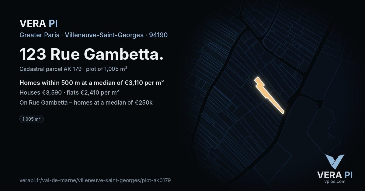 123 Rue Gambetta, Villeneuve-Saint-Georges at night – the plot lit, the parcels around coloured by the prices near them