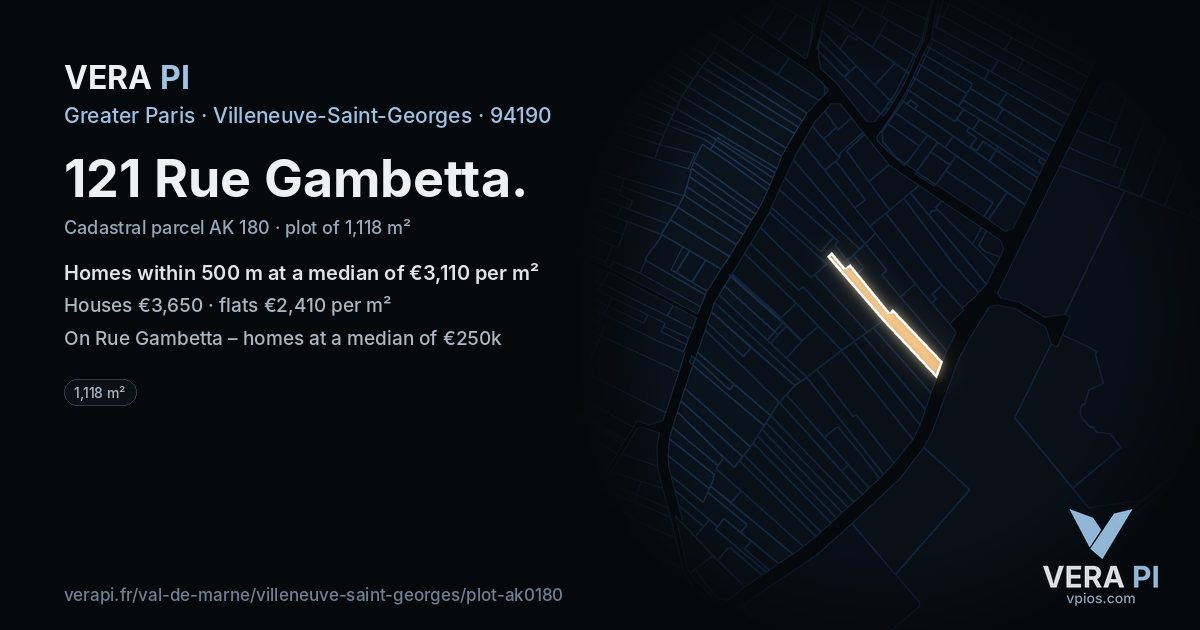 121 Rue Gambetta, Villeneuve-Saint-Georges at night – the plot lit, the parcels around coloured by the prices near them