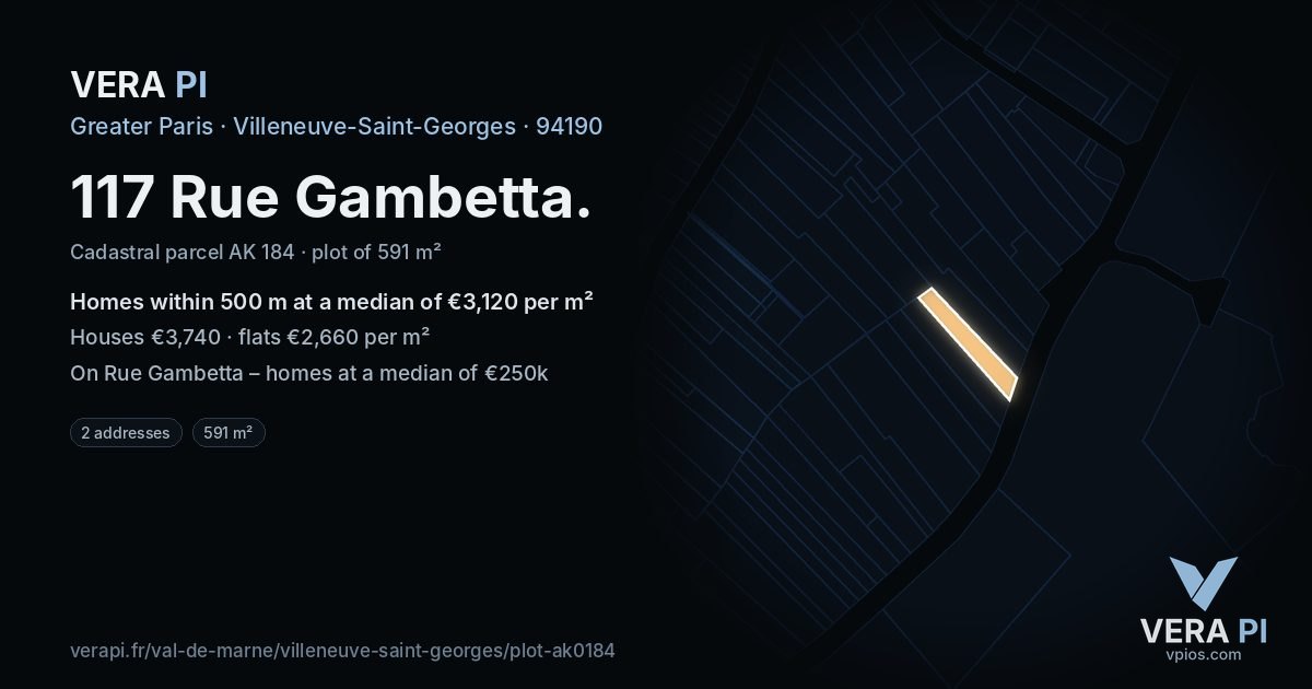 117 Rue Gambetta, Villeneuve-Saint-Georges at night – the plot lit, the parcels around coloured by the prices near them