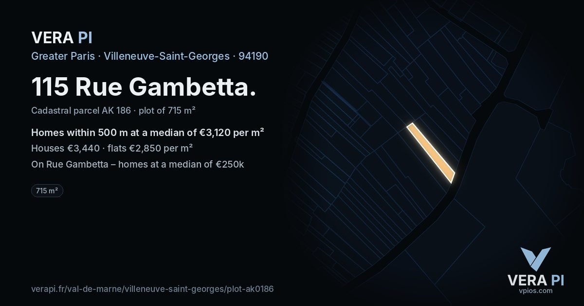 115 Rue Gambetta, Villeneuve-Saint-Georges at night – the plot lit, the parcels around coloured by the prices near them
