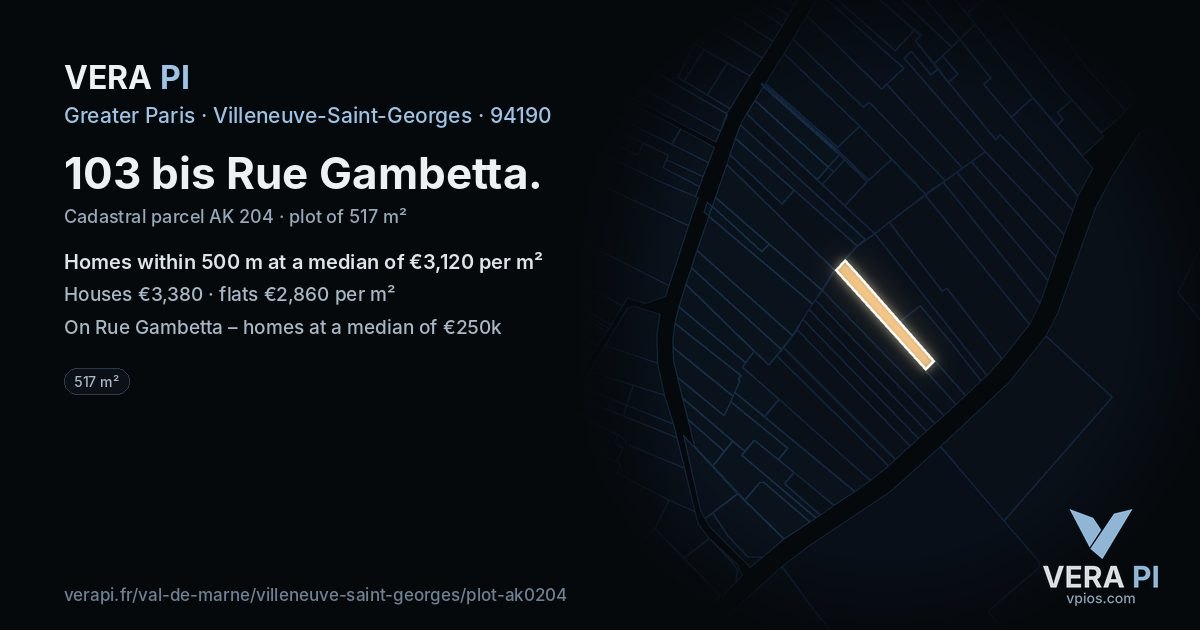 103 bis Rue Gambetta, Villeneuve-Saint-Georges at night – the plot lit, the parcels around coloured by the prices near them