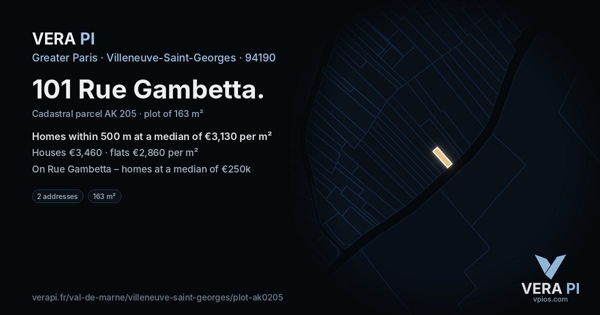 101 Rue Gambetta, Villeneuve-Saint-Georges at night – the plot lit, the parcels around coloured by the prices near them